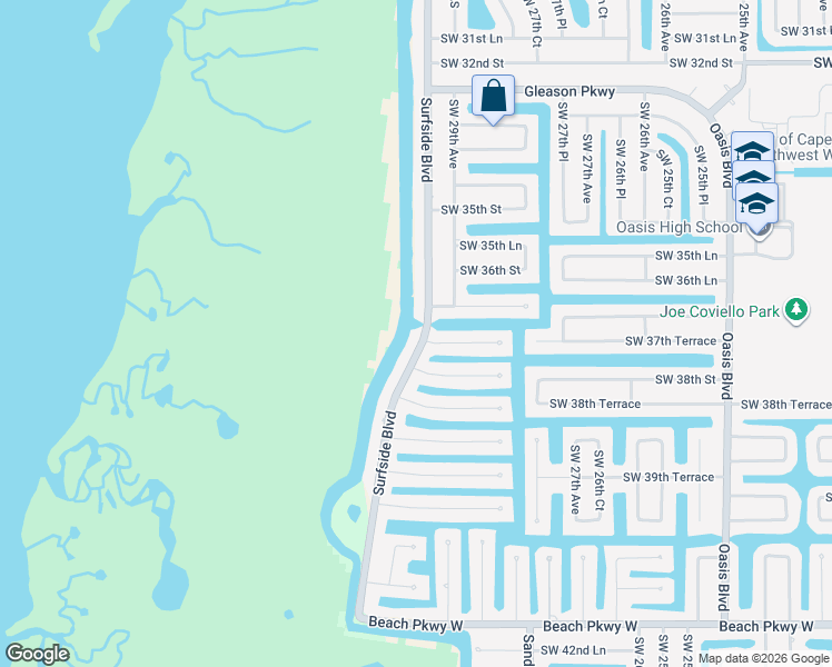 map of restaurants, bars, coffee shops, grocery stores, and more near 3718 Surfside Boulevard in Cape Coral