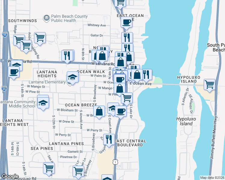 map of restaurants, bars, coffee shops, grocery stores, and more near 323 West Pine Street in Lantana