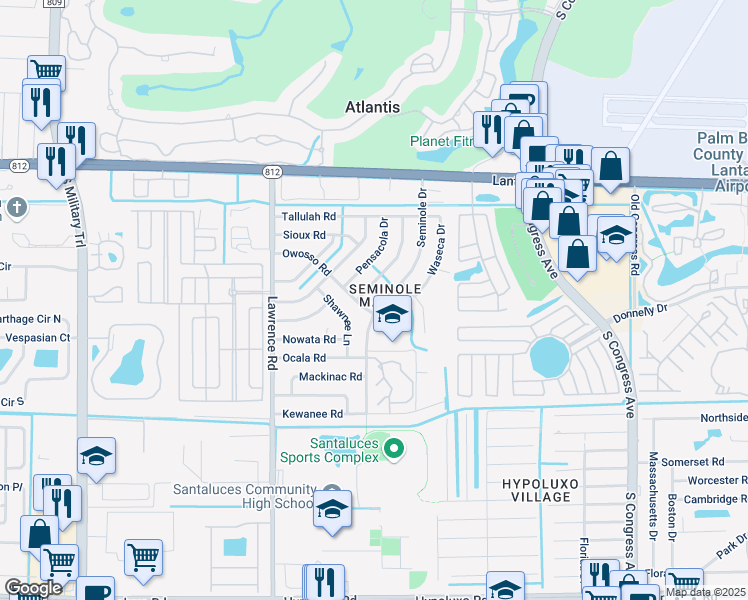 map of restaurants, bars, coffee shops, grocery stores, and more near 439 Owosso Road in Lake Worth
