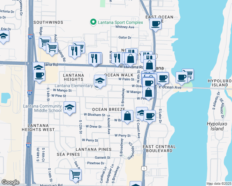 map of restaurants, bars, coffee shops, grocery stores, and more near 710 West Pine Street in Lantana