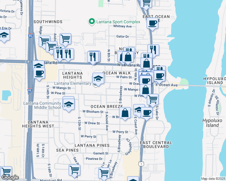 map of restaurants, bars, coffee shops, grocery stores, and more near 710 West Pine Street in Lantana