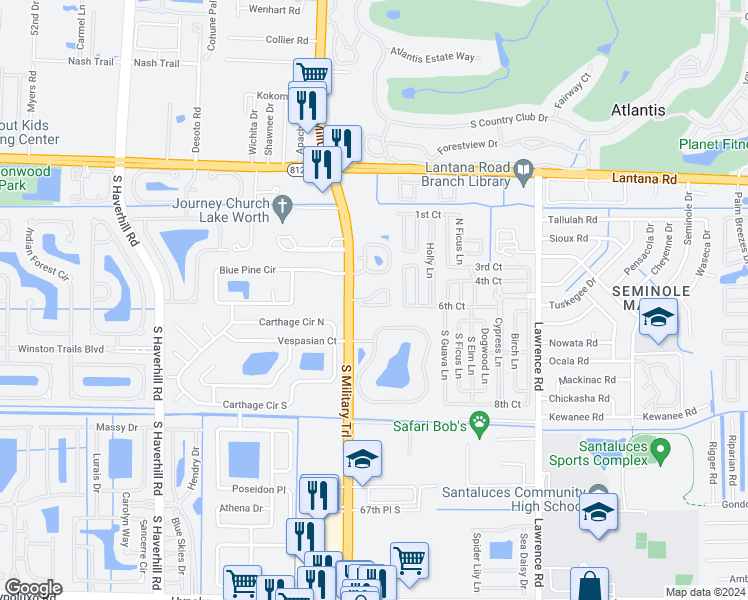map of restaurants, bars, coffee shops, grocery stores, and more near 6276 South Military Trail in Lake Worth