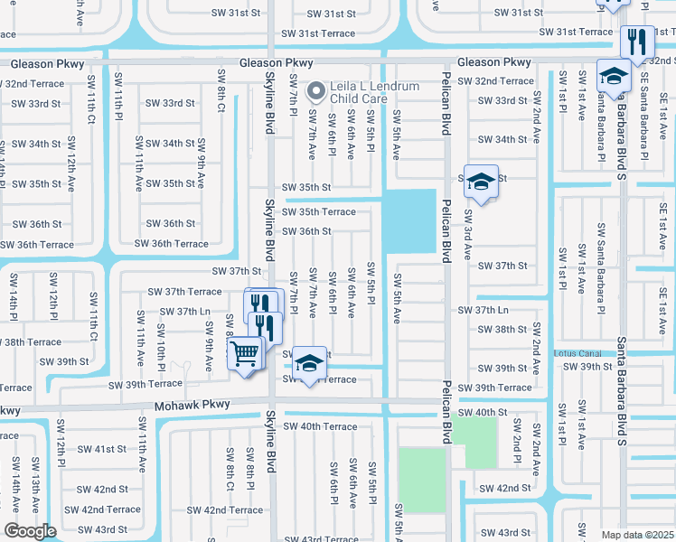 map of restaurants, bars, coffee shops, grocery stores, and more near 3631 Southwest 6th Place in Cape Coral