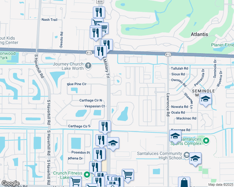 map of restaurants, bars, coffee shops, grocery stores, and more near 6276 South Military Trail in Lake Worth