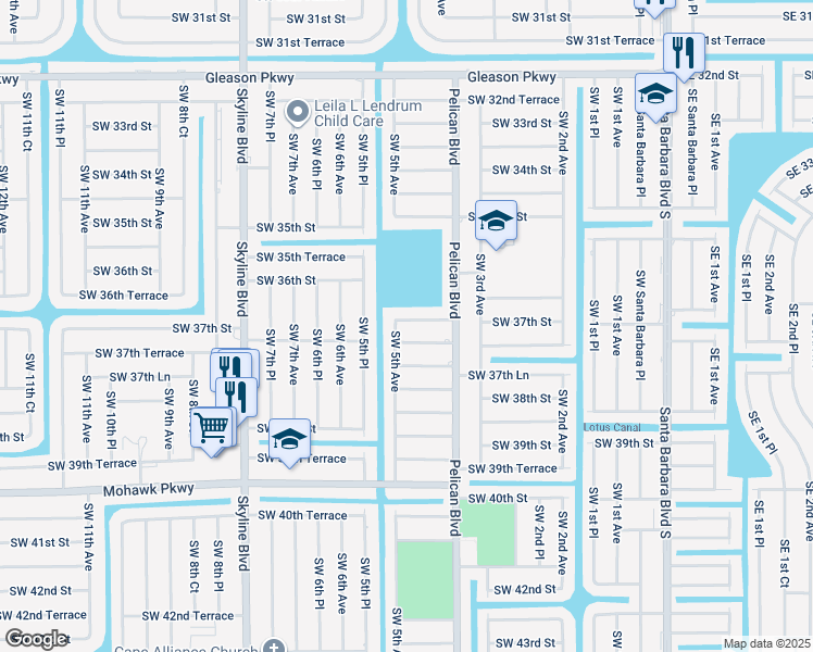 map of restaurants, bars, coffee shops, grocery stores, and more near 424 Southwest 37th Terrace in Cape Coral