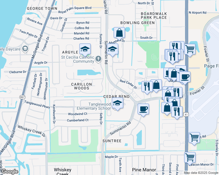 map of restaurants, bars, coffee shops, grocery stores, and more near 5230 Cedarbend Drive in Fort Myers