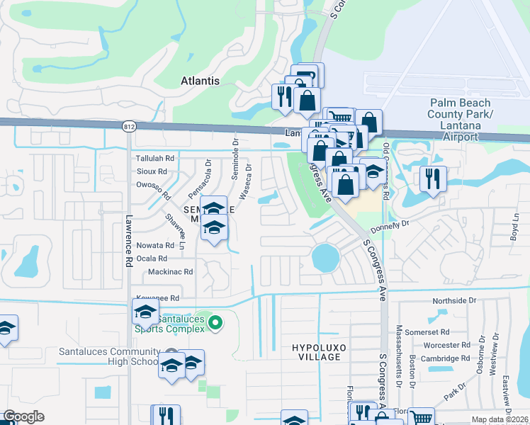 map of restaurants, bars, coffee shops, grocery stores, and more near 3380 Lake Overlook Place in Lantana