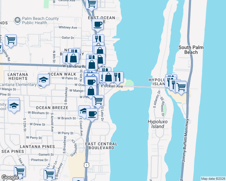 map of restaurants, bars, coffee shops, grocery stores, and more near 301 East Ocean Avenue in Lantana