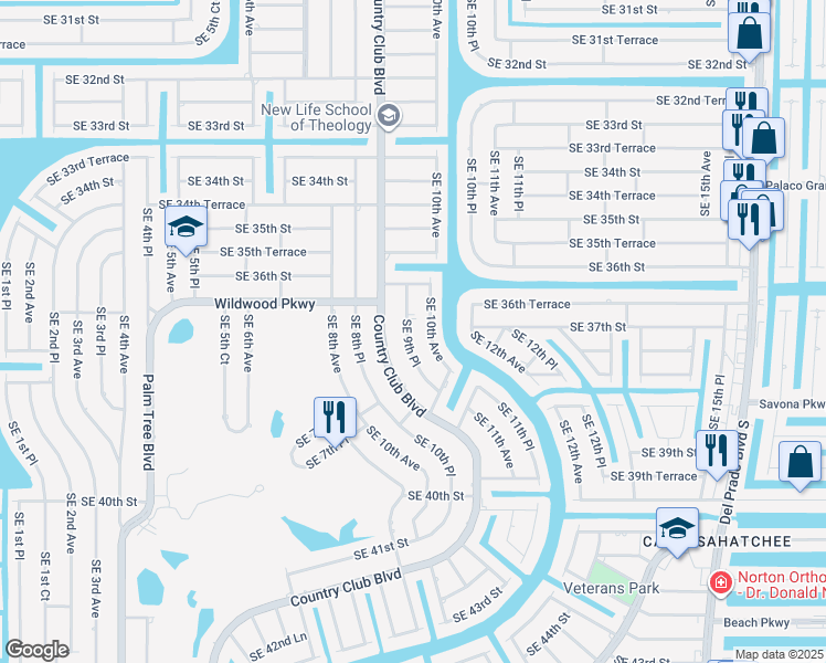 map of restaurants, bars, coffee shops, grocery stores, and more near 3618 Southeast 9th Place in Cape Coral