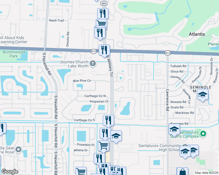 map of restaurants, bars, coffee shops, grocery stores, and more near 4511 South Military Trail in Lake Worth