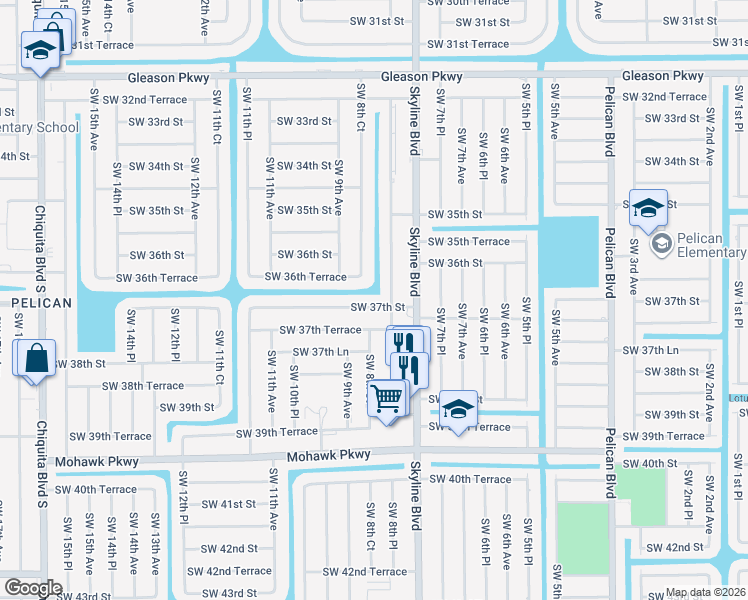 map of restaurants, bars, coffee shops, grocery stores, and more near 830 Southwest 36th Terrace in Cape Coral