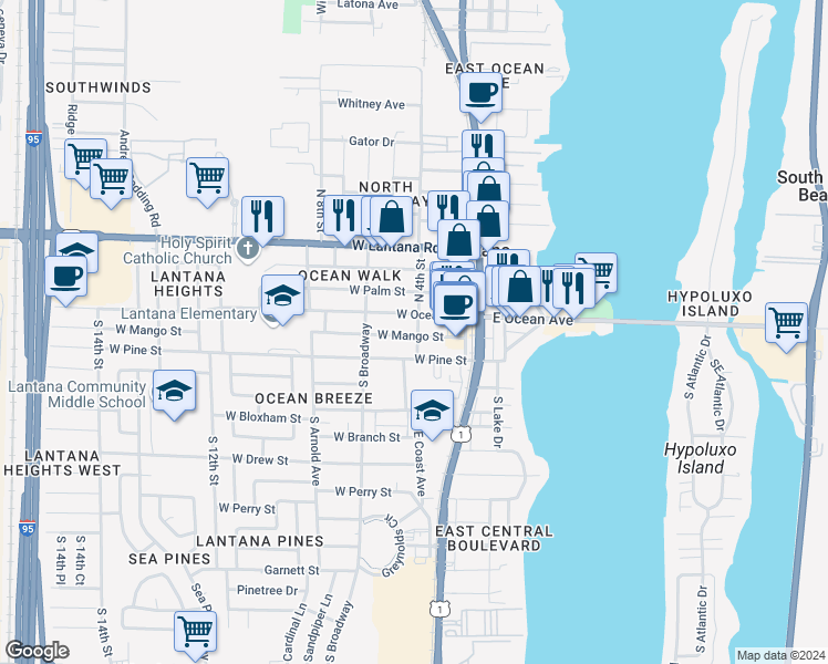 map of restaurants, bars, coffee shops, grocery stores, and more near 15 West Ocean Avenue in Lantana