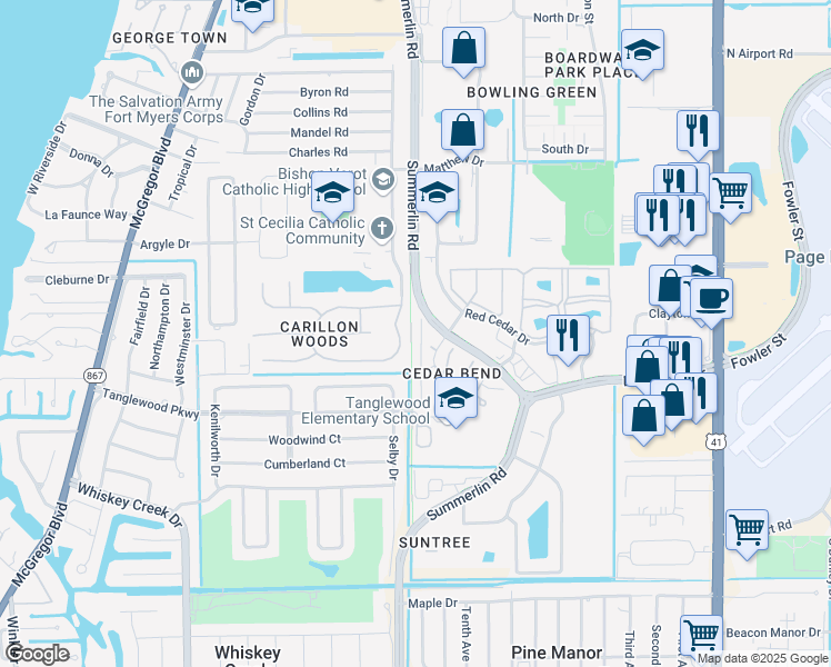 map of restaurants, bars, coffee shops, grocery stores, and more near 5216 Cedarbend Drive in Fort Myers
