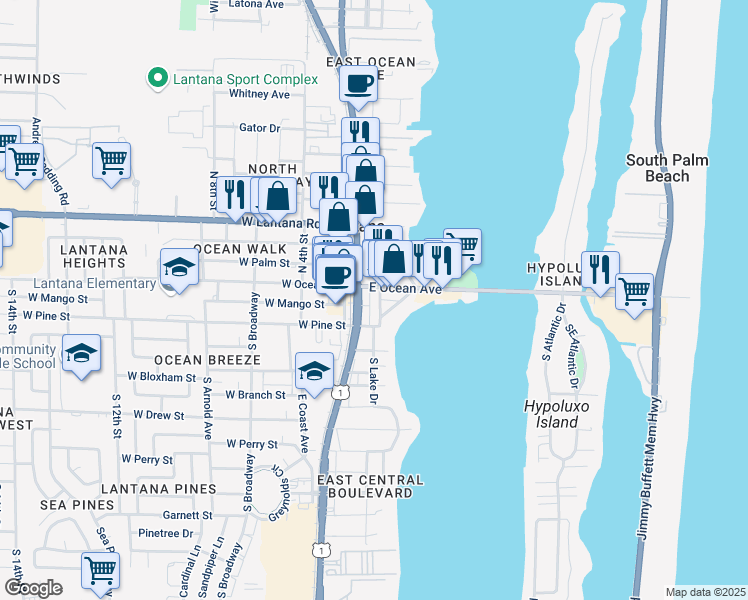 map of restaurants, bars, coffee shops, grocery stores, and more near 221 East Ocean Avenue in Lantana