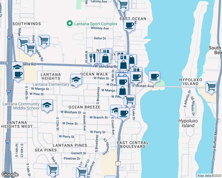 map of restaurants, bars, coffee shops, grocery stores, and more near 15 West Ocean Avenue in Lantana