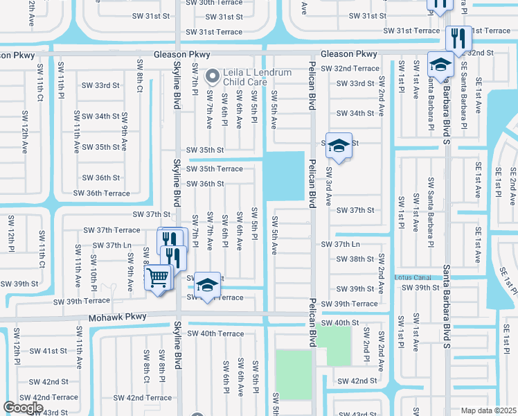 map of restaurants, bars, coffee shops, grocery stores, and more near 3625 Southwest 5th Place in Cape Coral
