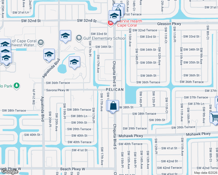 map of restaurants, bars, coffee shops, grocery stores, and more near 1616 Southwest 36th Terrace in Cape Coral