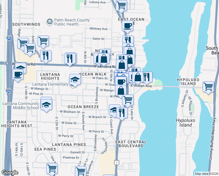 map of restaurants, bars, coffee shops, grocery stores, and more near 15 West Ocean Avenue in Lantana