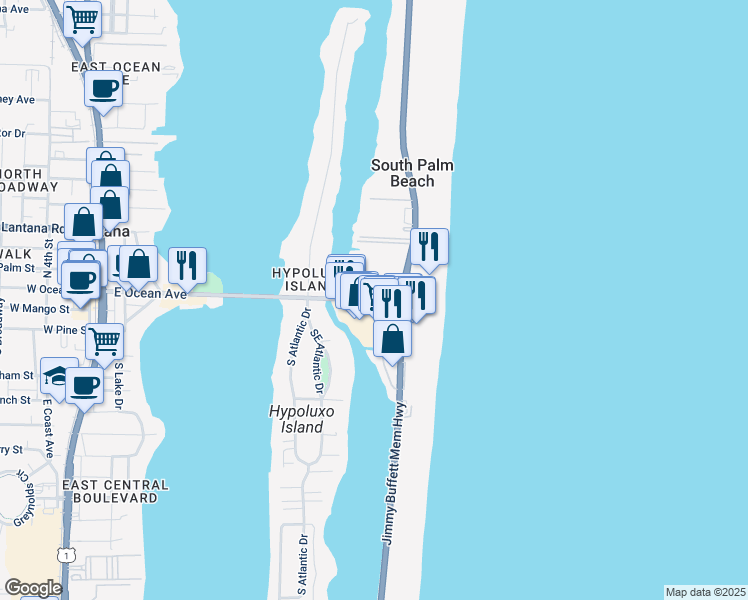 map of restaurants, bars, coffee shops, grocery stores, and more near 450 East Ocean Avenue in Lantana