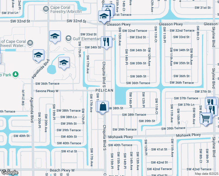 map of restaurants, bars, coffee shops, grocery stores, and more near 3630 Southwest 15th Place in Cape Coral
