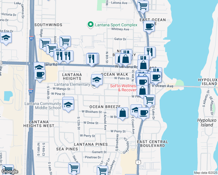 map of restaurants, bars, coffee shops, grocery stores, and more near 116 South Arnold Avenue in Lantana