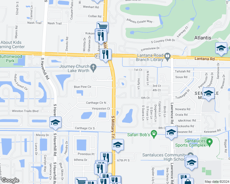 map of restaurants, bars, coffee shops, grocery stores, and more near 4511 South Military Trail in Lake Worth