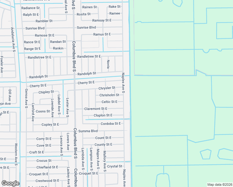 map of restaurants, bars, coffee shops, grocery stores, and more near 1248 Chrysler Street in Lehigh Acres