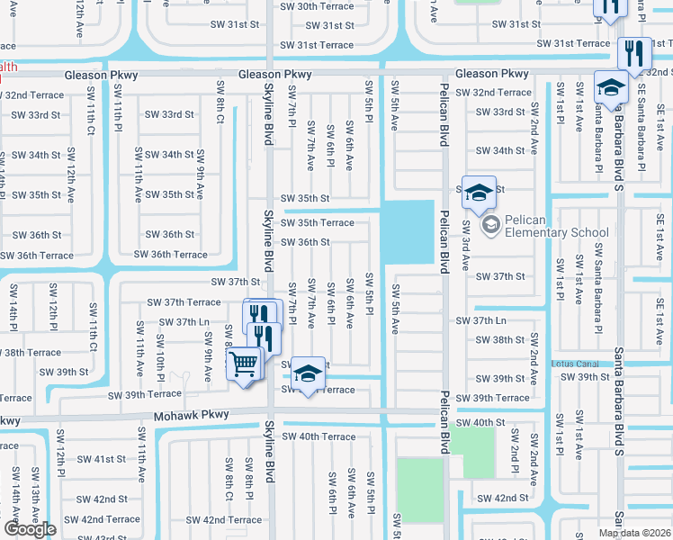 map of restaurants, bars, coffee shops, grocery stores, and more near 3615 Southwest 6th Avenue in Cape Coral