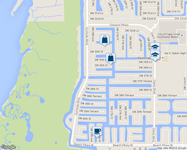 map of restaurants, bars, coffee shops, grocery stores, and more near 2906 Southwest 36th Terrace in Cape Coral
