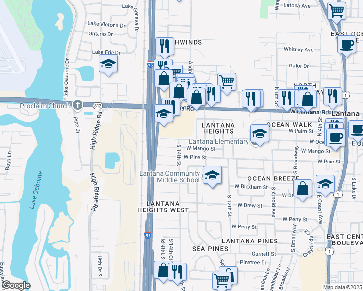map of restaurants, bars, coffee shops, grocery stores, and more near 1402 West Ocean Avenue in Lantana