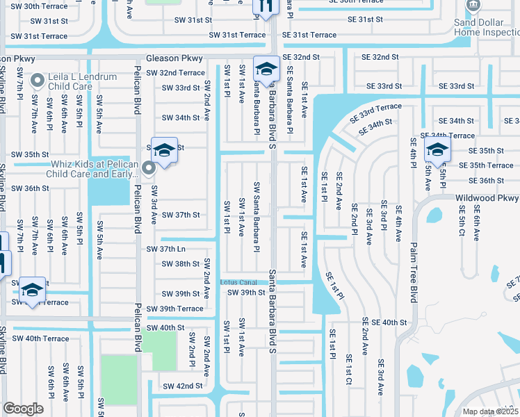 map of restaurants, bars, coffee shops, grocery stores, and more near 3619 Southwest Santa Barbara Place in Cape Coral