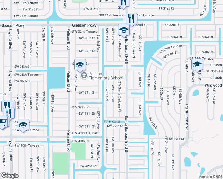 map of restaurants, bars, coffee shops, grocery stores, and more near 3616 Southwest 1st Avenue in Cape Coral