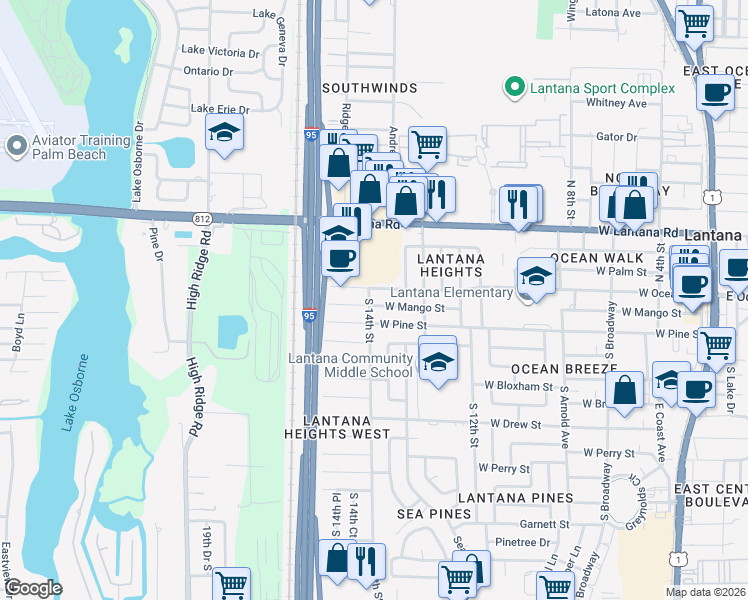 map of restaurants, bars, coffee shops, grocery stores, and more near 1402 West Ocean Avenue in Lantana