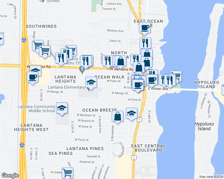 map of restaurants, bars, coffee shops, grocery stores, and more near 171 South Broadway in Lantana
