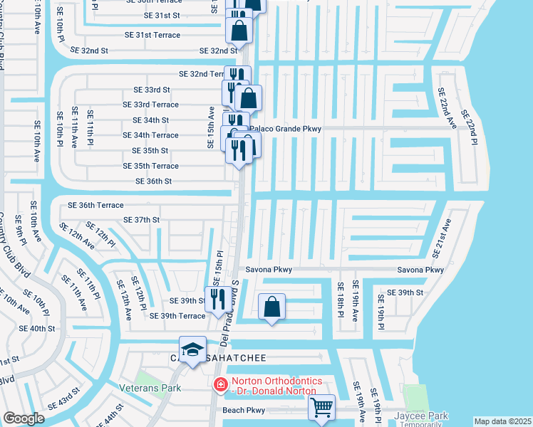 map of restaurants, bars, coffee shops, grocery stores, and more near 3615 Southeast 16th Place in Cape Coral
