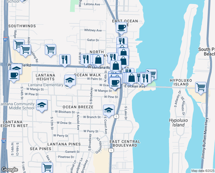 map of restaurants, bars, coffee shops, grocery stores, and more near 17 West Ocean Avenue in Lantana