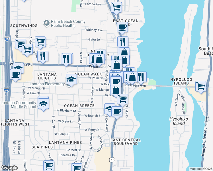 map of restaurants, bars, coffee shops, grocery stores, and more near 15 West Ocean Avenue in Lantana