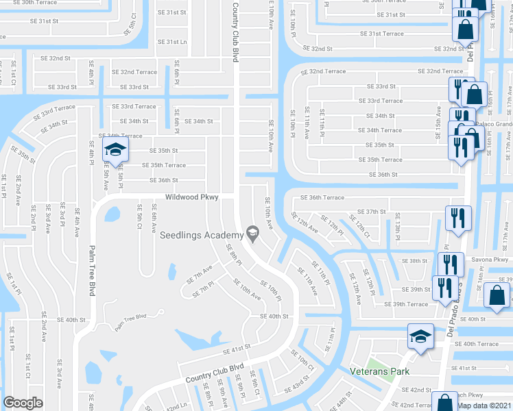 map of restaurants, bars, coffee shops, grocery stores, and more near 3618 Southeast 9th Place in Cape Coral