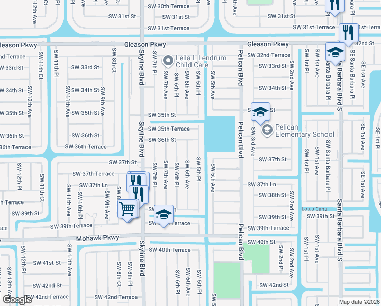 map of restaurants, bars, coffee shops, grocery stores, and more near 3615 Southwest 6th Avenue in Cape Coral