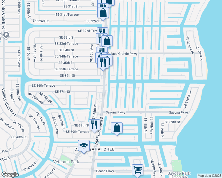 map of restaurants, bars, coffee shops, grocery stores, and more near 3615 Southeast 16th Place in Cape Coral