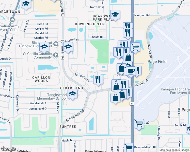 map of restaurants, bars, coffee shops, grocery stores, and more near 1627 Red Cedar Drive in Fort Myers