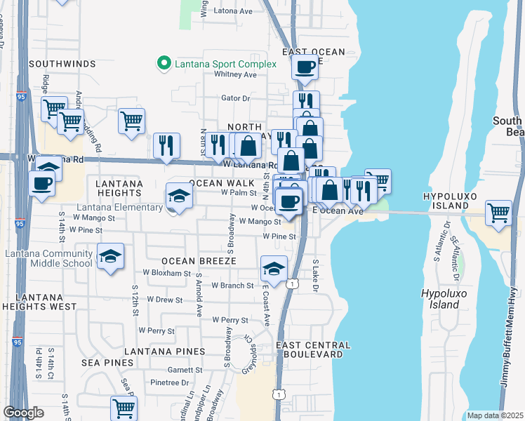 map of restaurants, bars, coffee shops, grocery stores, and more near 15 West Ocean Avenue in Lantana