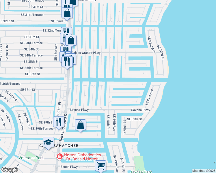 map of restaurants, bars, coffee shops, grocery stores, and more near 3602 Southeast 18th Place in Cape Coral