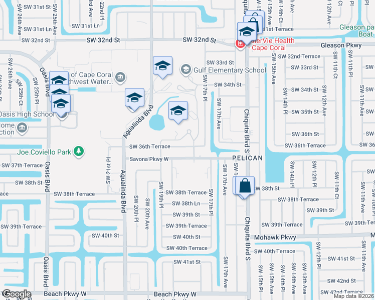 map of restaurants, bars, coffee shops, grocery stores, and more near 1820 Southwest 36th Terrace in Cape Coral