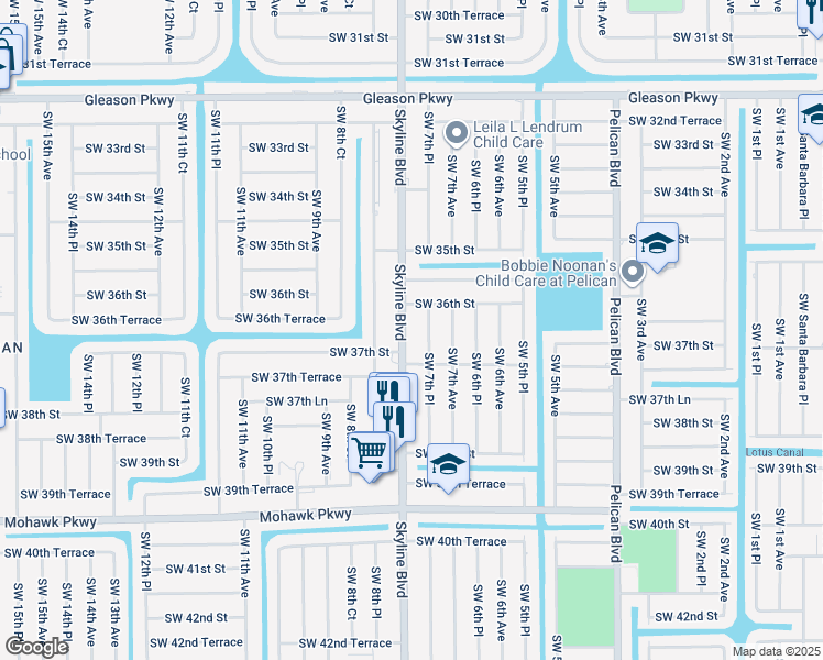 map of restaurants, bars, coffee shops, grocery stores, and more near 3616 Southwest 7th Place in Cape Coral