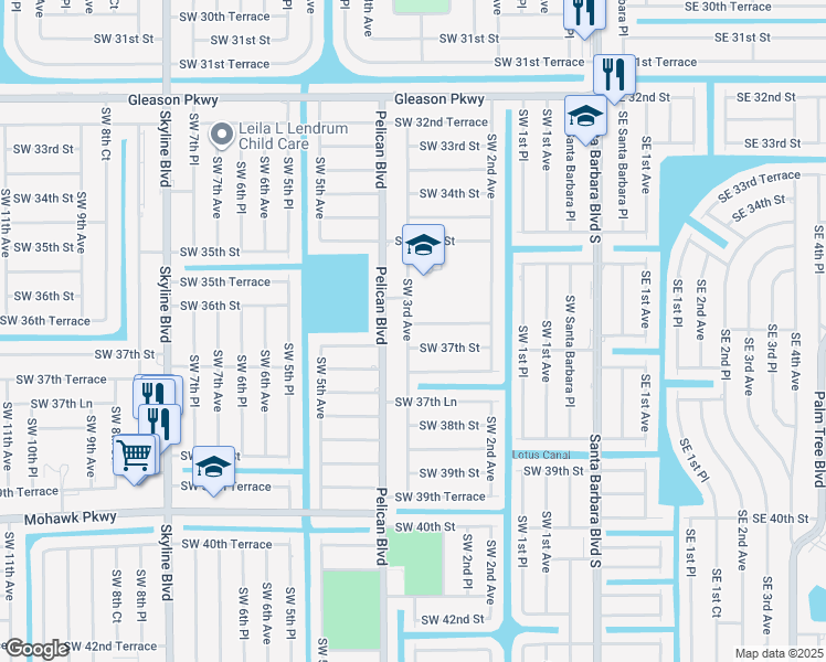 map of restaurants, bars, coffee shops, grocery stores, and more near 242 Southwest 36th Terrace in Cape Coral