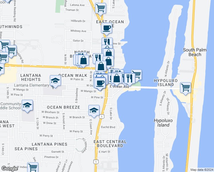 map of restaurants, bars, coffee shops, grocery stores, and more near North Dixie Highway & East Ocean Avenue in Lantana