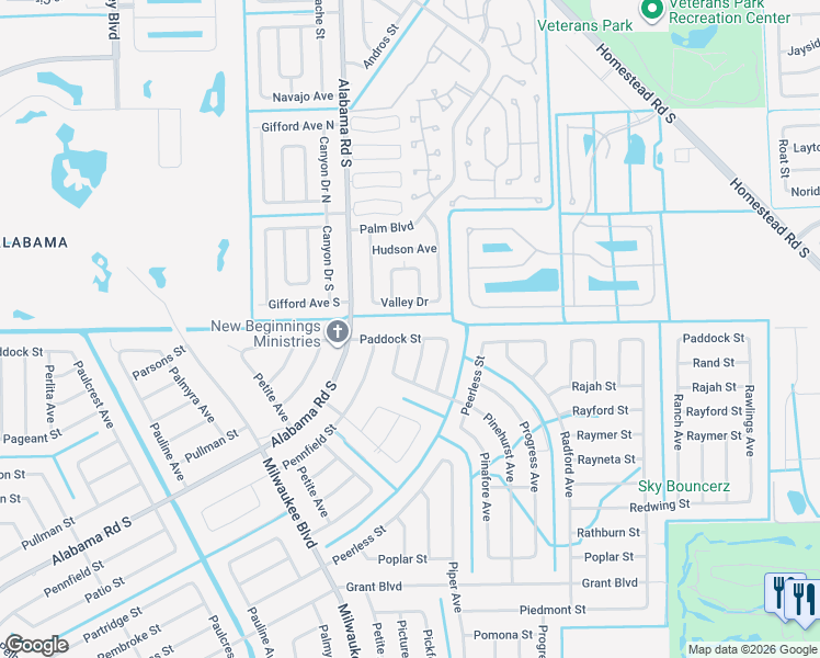 map of restaurants, bars, coffee shops, grocery stores, and more near 353 Paddock Street in Lehigh Acres