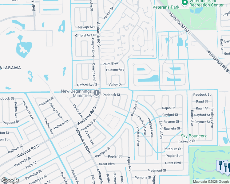 map of restaurants, bars, coffee shops, grocery stores, and more near 353 Paddock Street in Lehigh Acres