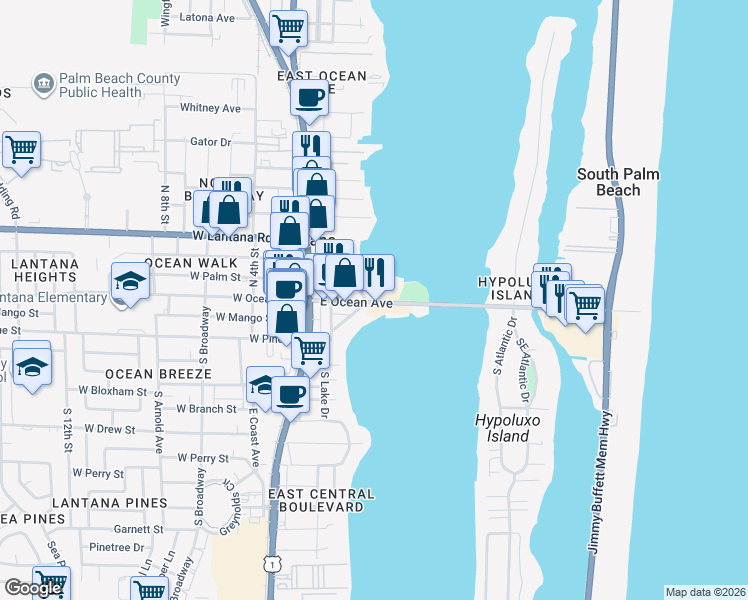 map of restaurants, bars, coffee shops, grocery stores, and more near 305 East Ocean Avenue in Lantana